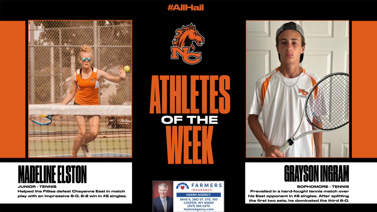 Congratulations to Madeline Elston and Grayson Ingram for being this week's Athletes of the Week! #AllHail

Thank you to Hamm Agency Farmers Insurance for sponsoring the NCHS Athletes of the week!