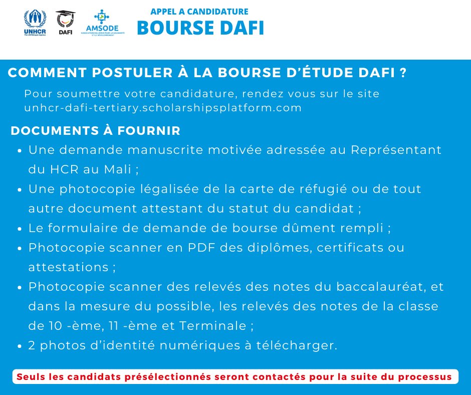 OAmsode's tweet photo. APPEL A CANDIDATURE - BOURSES DAFI POUR LES REFUGIES !
Pour postuler, rendez-vous sur le site https://t.co/u7eHoXdkKx...
Pour plus d'information vous pouvez nous écrire uniquement par WhatsApp sur le +223 78 56 18 95.
#ONGAMSODE
@UNHCRMali
#dafi https://t.co/bXeeuL7w6F
