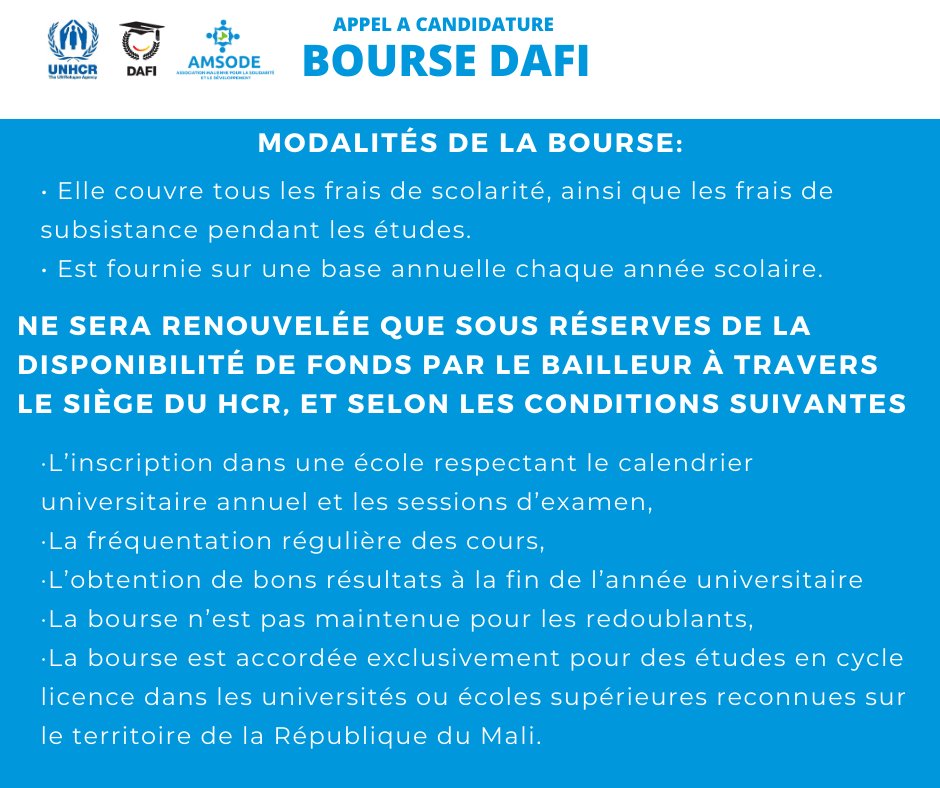 OAmsode's tweet photo. APPEL A CANDIDATURE - BOURSES DAFI POUR LES REFUGIES !
Pour postuler, rendez-vous sur le site https://t.co/u7eHoXdkKx...
Pour plus d'information vous pouvez nous écrire uniquement par WhatsApp sur le +223 78 56 18 95.
#ONGAMSODE
@UNHCRMali
#dafi https://t.co/bXeeuL7w6F