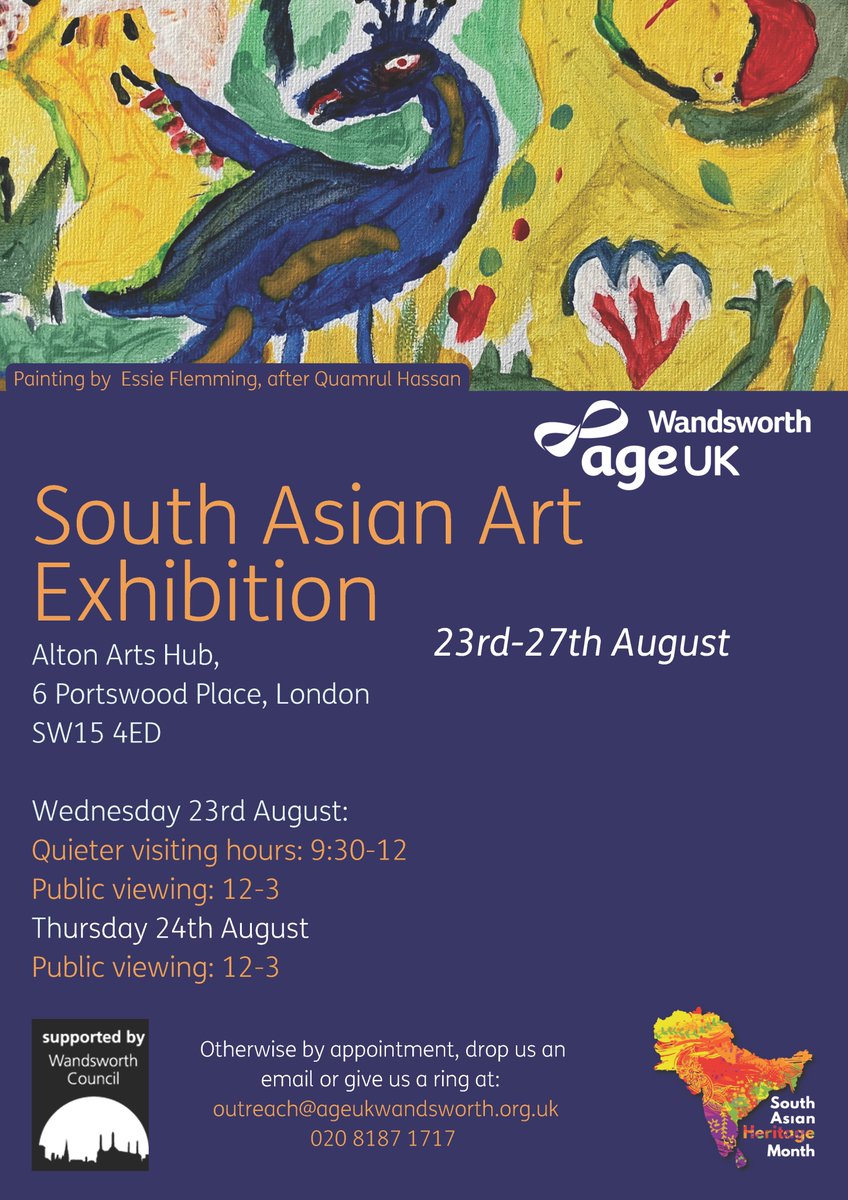 Welcome to Wandsworth (@wtowandsworth) on Twitter photo Free South Asian Art Exhibition opens today! ✨
The exhibition at Alton Arts Hub is the culmination of <a href="/AgeUKWandsworth/">Age UK Wandsworth</a>'s workshops with South Asian men aged 60+. Open till Sun 27 Aug.
Supported by <a href="/wandbc/">Wandsworth Council</a> #WandsworthCulture
Opening times: bit.ly/WA_SouthAsianH… Free South Asian Art Exhibition opens today! ✨
The exhibition at Alton Arts Hub is the culmination of <a href="/AgeUKWandsworth/">Age UK Wandsworth</a>'s workshops with South Asian men aged 60+. Open till Sun 27 Aug.
Supported by <a href="/wandbc/">Wandsworth Council</a> #WandsworthCulture
Opening times: bit.ly/WA_SouthAsianH…