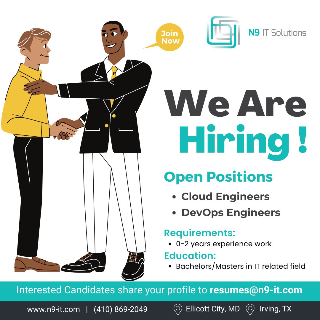 We are Hiring for the position of Cloud Engineers and DevOps Engineers in our USA location. Just mail your resume to resumes@n9-it.com Contact us for more details - +1 410-869-2049 Website - n9-it.com #aws #awscloud #awsjobs #awscareer #DevOps