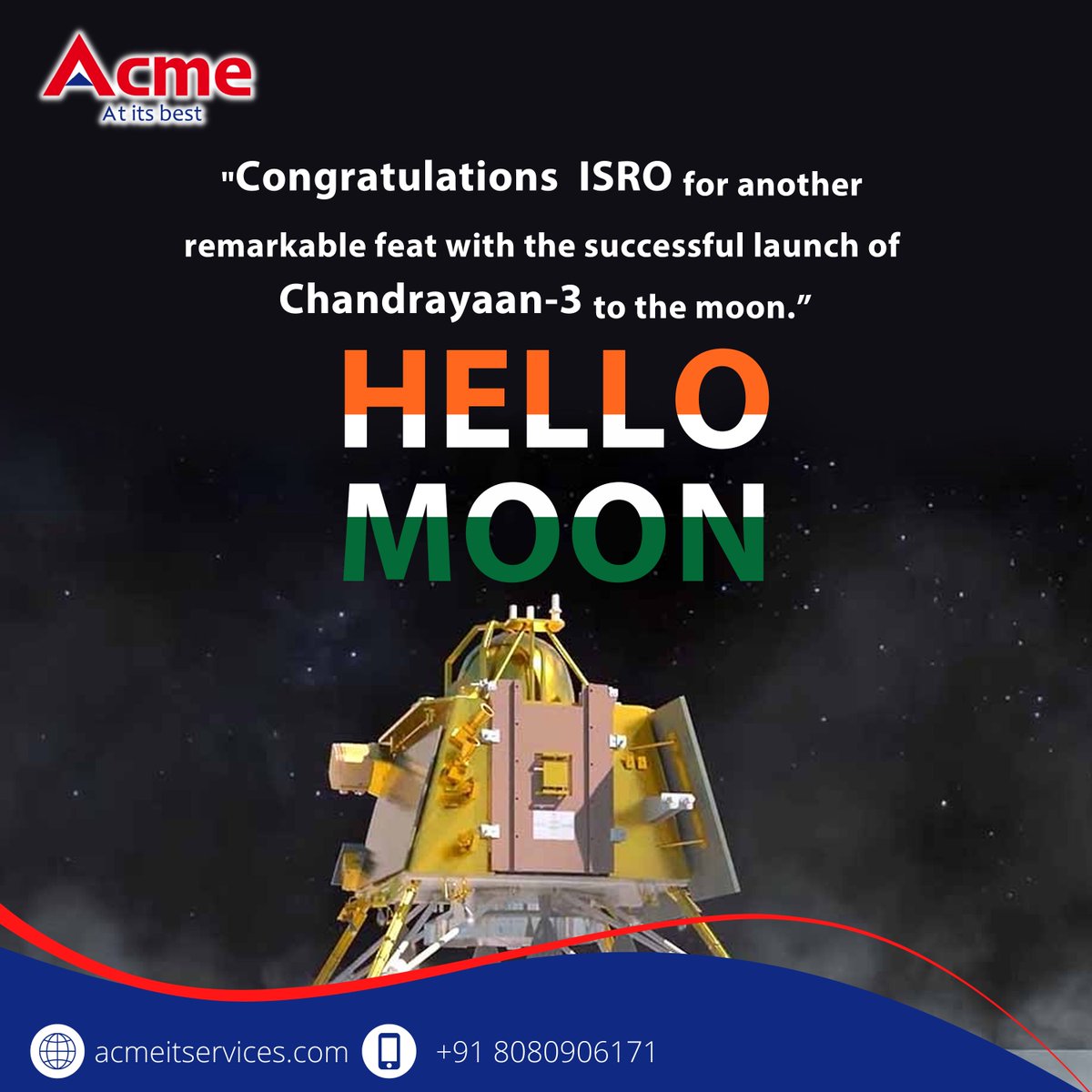 acmeitsolutions's tweet photo. Congratulations India and @isroindiaofficial Successfully Landed and History is Created, A Proud moment for every Indian.
Team Acme..!
https://t.co/iqQFpgGG9m

#acmeitservices #acmeit #acmeitservices #chandrayaan #chandrayaan3 #india #isro #space #satellite #isromissions https://t.co/c8wl9CDWxI