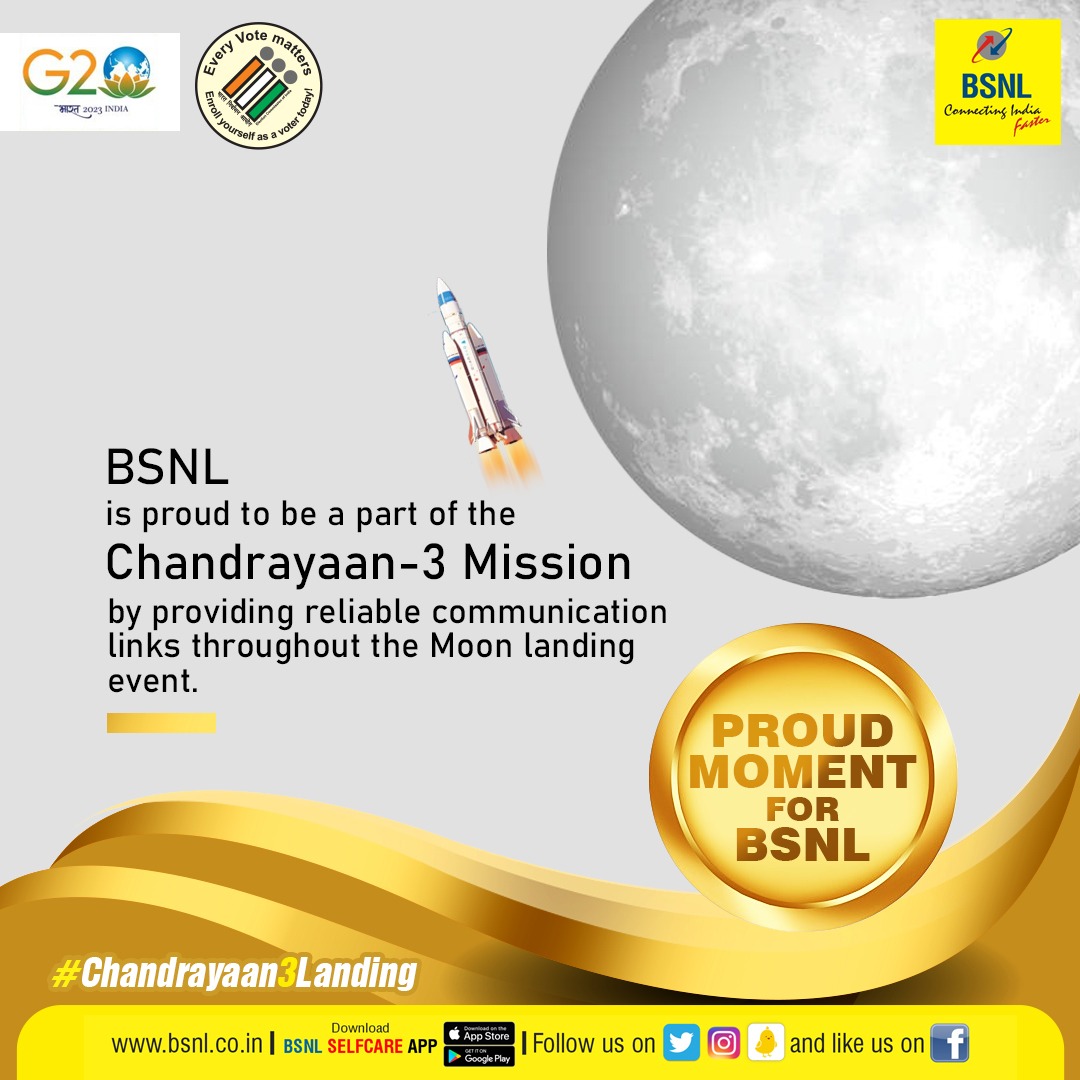 Proud moment for 1.4 billion Indians. #IndiaOnTheMoon #BSNL is proud to be a part of the #Chandrayaan3 mission by providing reliable communication links throughout #MoonLanding event. #Chandrayaan_3 #Ch3 #ISRO @isro @AshwiniVaishnaw @devusinh @DoT_India