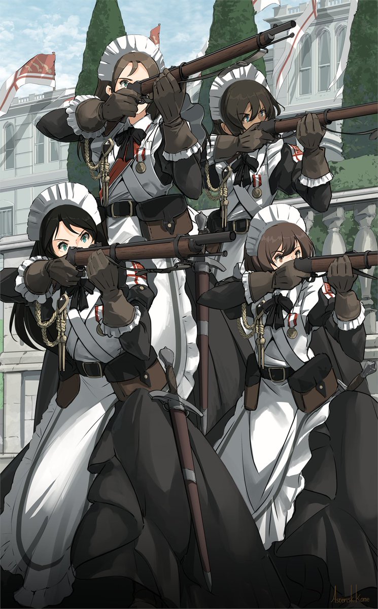 multiple girls weapon gun 2girls rifle maid maid headdress  illustration images