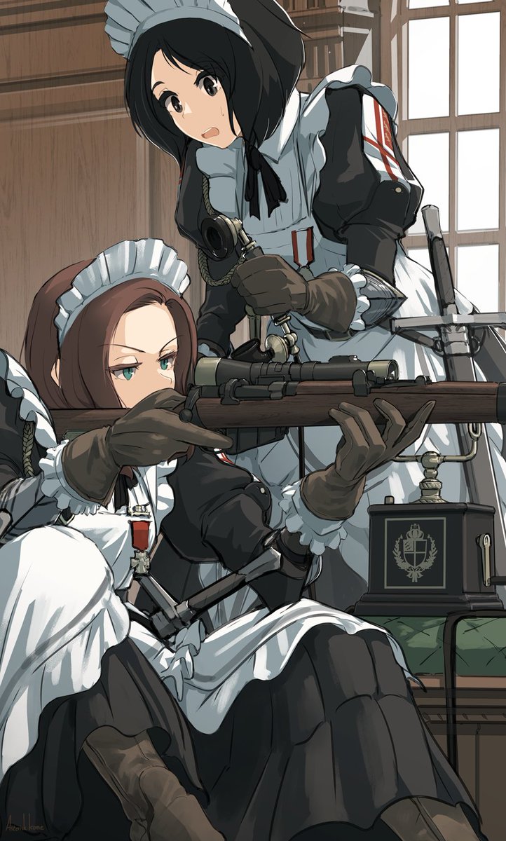 multiple girls weapon gun 2girls rifle maid maid headdress  illustration images