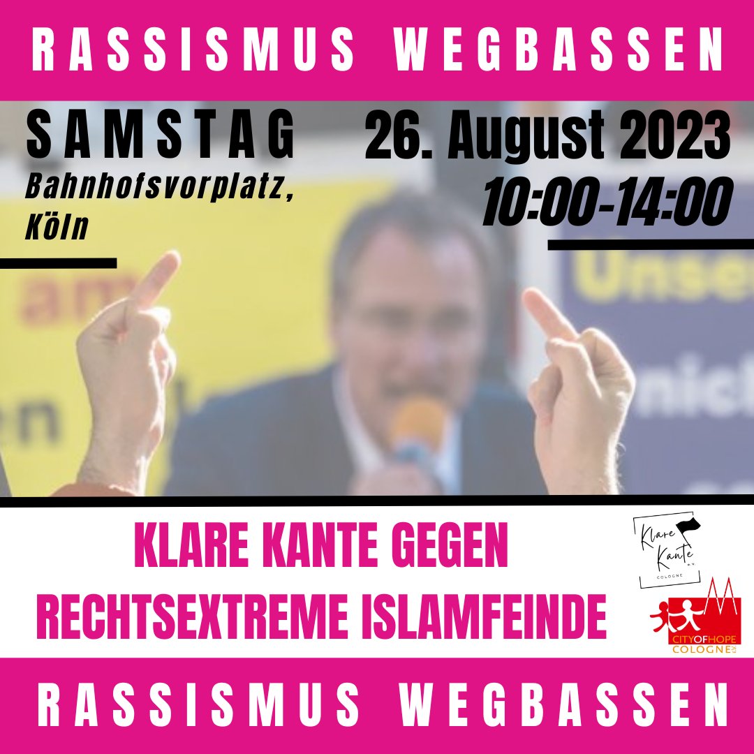 klarekante_cgn's tweet photo. #RASSISMUS WEGBASSEN für ein buntes #Koeln !
Rassistische Hetze in Köln verhindern – Rechte Islamhetzer und #fckafd #wegbassen!
Am 26. August ist der rechtsextreme #Islamfeind #MichaelStuerzenberger mit seinen #bpe #paxeuropa Schilderhalter*innen, gemeinsam
1/4
#k2608
#FCKNZS https://t.co/lX9yj1GsrH