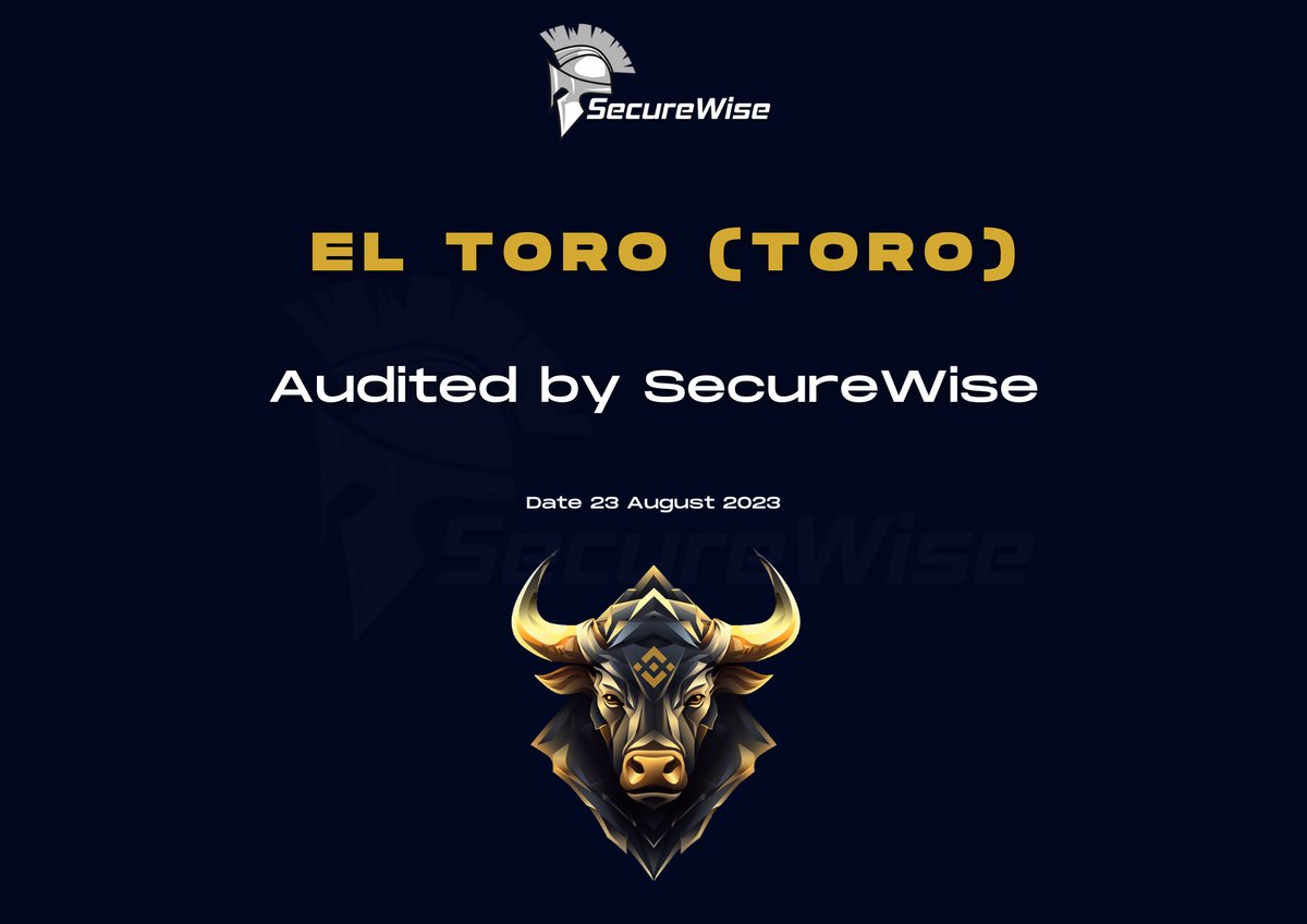 We are happy to announce that @ELTORO_Official has completed Smart Contract AUDIT with SecureWise  

Check out the report    
github.com/securewise/aud…

EL TORO (TORO)
eltoro.site
t.me/ELTOROCHAT

#launchpad #Audit #Pinksale #BSCGems #BSCNews #BSC