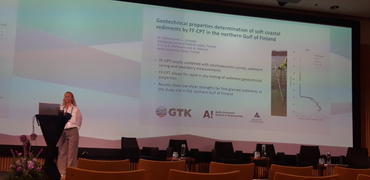 jvirtasa's tweet image. Maarit Saresma at #bssc2023: a free-fall cone penetrometer (FF-CPT) provides reliable measurements of the dynamic undrained shear strength of seabed layers. It is useful for validating marine seismic profiles too!
@SuomenAkatemia #Geomeasure project
@GTK_FI #marinegeology