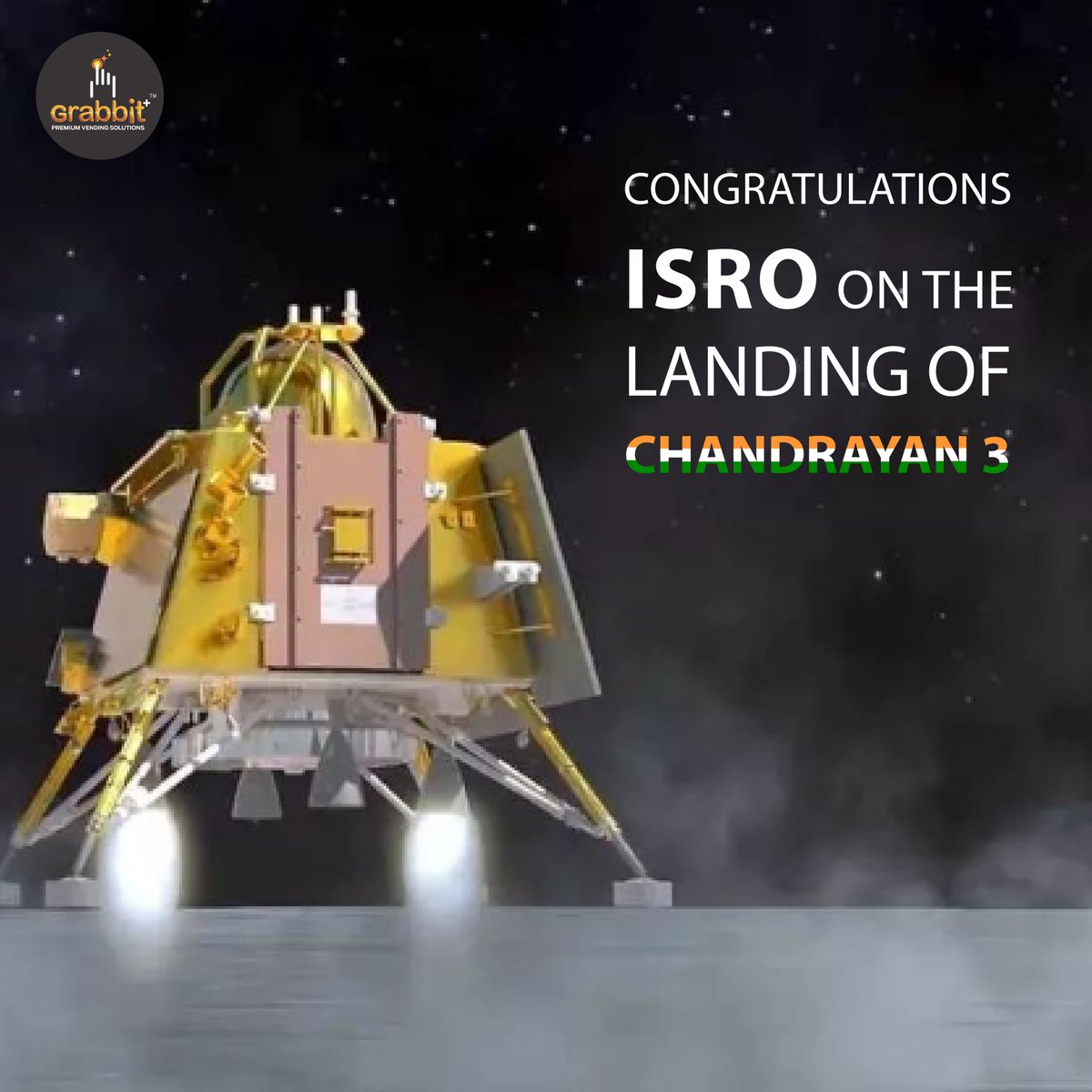 GrabbitIndia's tweet photo. Congratulations to the Indian Space Research Organisation (ISRO) and all those involved in making this mission a success! India has now achieved this milestone thanks to you. 🙌

#chandrayaan3 #isroindia https://t.co/1cddYnDWqU