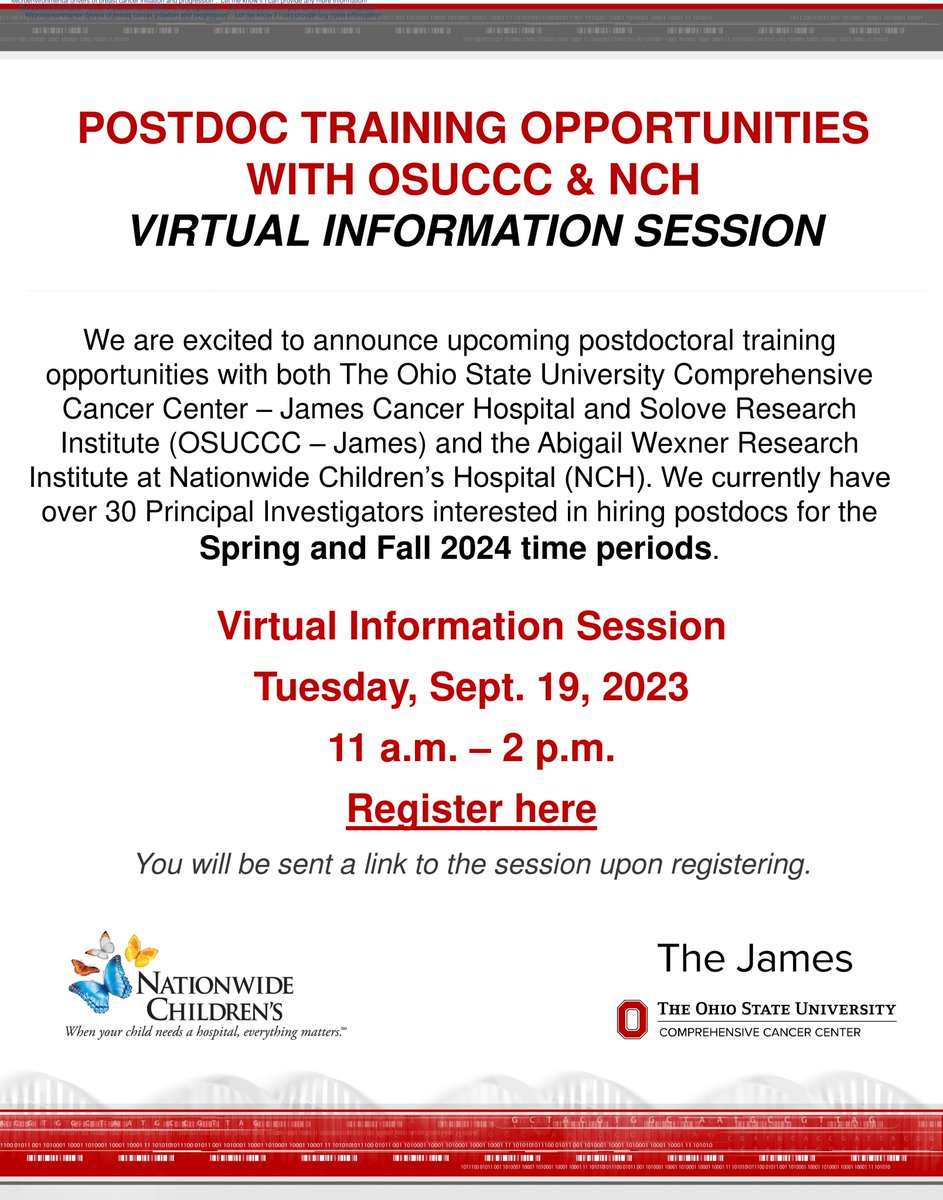 CAMELOT at OSU CCC (@osu_camelot) on Twitter photo CAMELOT is hosting a virutal post doc recruitment event with <a href="/nationwidekids/">Nationwide Children's Hospital</a> and the Office of Postdoctoral Affairs here at <a href="/OhioState/">Ohio State</a>. To get registered to learn more, follow the link below:
redcap.link/osupostdocinfo… CAMELOT is hosting a virutal post doc recruitment event with <a href="/nationwidekids/">Nationwide Children's Hospital</a> and the Office of Postdoctoral Affairs here at <a href="/OhioState/">Ohio State</a>. To get registered to learn more, follow the link below:
redcap.link/osupostdocinfo…
