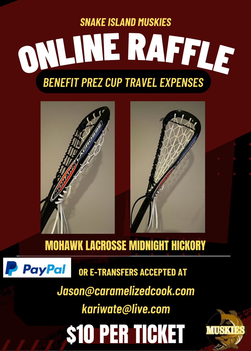 Help support the Muskies as we head out to ⁦<a href="/ChaseThePrezzy/">ChaseThePrezzy</a>⁩ ⁦<a href="/PresCupLax/">Presidents Cup Lax</a>⁩ and have a chance to win a limited edition handcrafted Mohawk Lacrosse stick. This one’s a beauty! Draw will take place Saturday, August 26