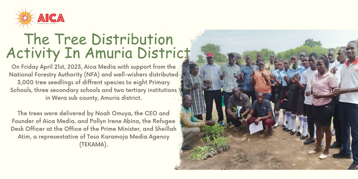 Aica (@aicaug) on Twitter photo In April this year, our team in collaboration with <a href="/TEKAMA_ug/">Teso-Karamooja Media Agency</a> and our friend, <a href="/Pollyabby1/">polyne Irene Abina</a>, distributed and planted 3,000 trees of different species in the Primary, Tertiary and Secondary schools in Wera sub county, Amuria district. In April this year, our team in collaboration with <a href="/TEKAMA_ug/">Teso-Karamooja Media Agency</a> and our friend, <a href="/Pollyabby1/">polyne Irene Abina</a>, distributed and planted 3,000 trees of different species in the Primary, Tertiary and Secondary schools in Wera sub county, Amuria district.