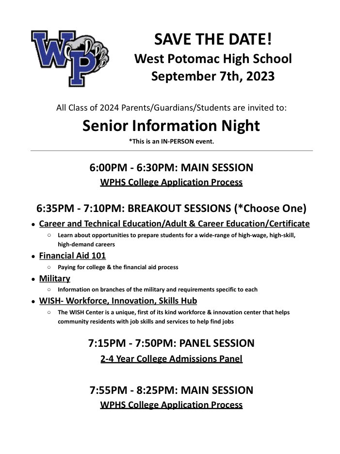 Save the Date!!!  Make sure to attend the Class of 2024 Senior Information Night on September 7th .  Hope to see you there! <a href="/theWPboard/">West Potomac HS (we/they/them)</a> <a href="/WPHSSS/">WPHSStudentServices</a>