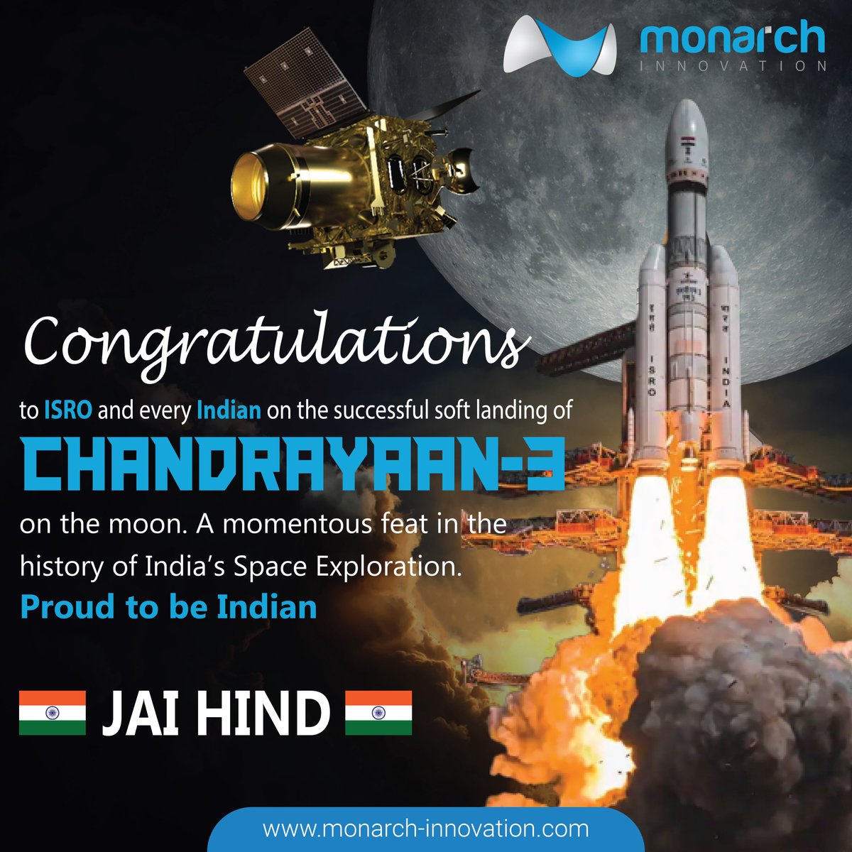 Heartiest congratulations to ISRO and all Indians on the successful soft landing of #Chandrayaan3 🚀

#MoonMission #indian #moon #IndiaOnMoon #indiaatmoon #IndiaMakesHistory #ISRO #Chandrayaan3 #Chandrayaan3Landing #Chandrayan3 #MoonLanding #Congratulations