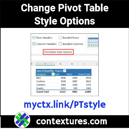 contextures's tweet image. Use Pivot Table Style options make the data easier to read #PivotTable #ExcelTips
