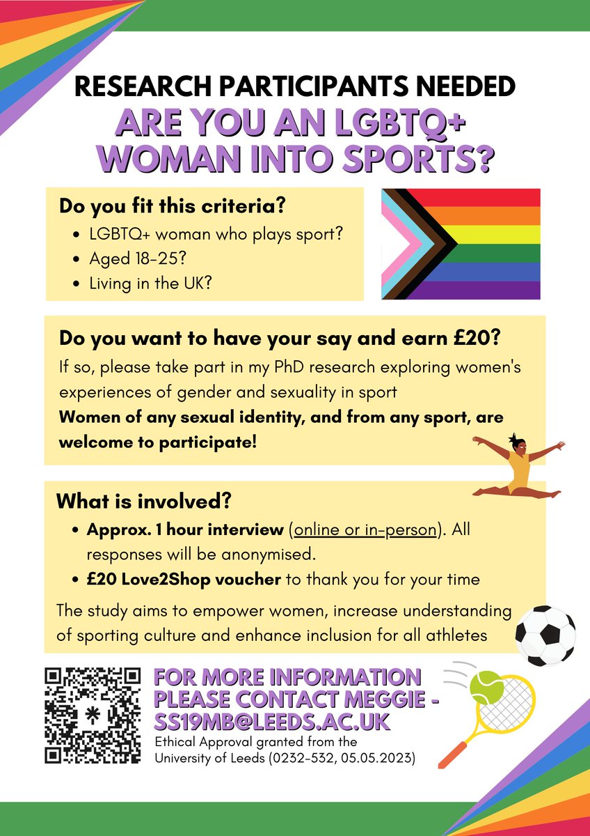 📢 FINAL CALL FOR PARTICIPANTS 📢
If you identify as LGBTQ+ and participate in women’s sport, it would be great to hear about your experiences 🏳️‍🌈 Please share! #PhD #LGBT #LGBTSport #LGBTQSport #LGBTLeeds #QueerLeeds #ThisGirlCan