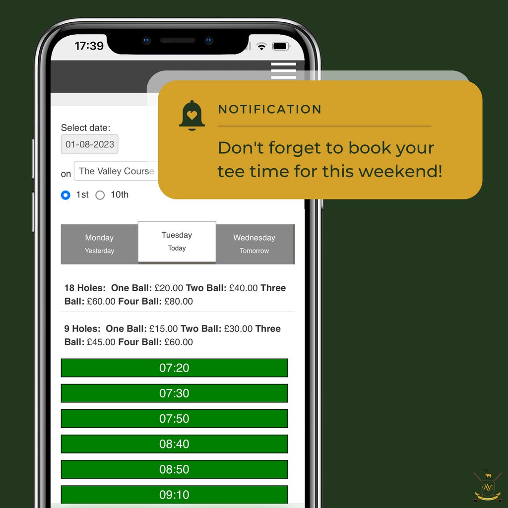 Ash Valley Golf Club (@ashvalleygc) on Twitter photo Save time, swing with ease! 🌟 Booking your tee time at Ash Valley Golf Club is a breeze with our convenient online booking portal. 🏌️♀️🌐
Visit our website and book now! 
💻 ashvalley.co.uk
#OnlineTeeTime #ConvenienceGolfing #AshValleyGolfClub Save time, swing with ease! 🌟 Booking your tee time at Ash Valley Golf Club is a breeze with our convenient online booking portal. 🏌️♀️🌐
Visit our website and book now! 
💻 ashvalley.co.uk
#OnlineTeeTime #ConvenienceGolfing #AshValleyGolfClub