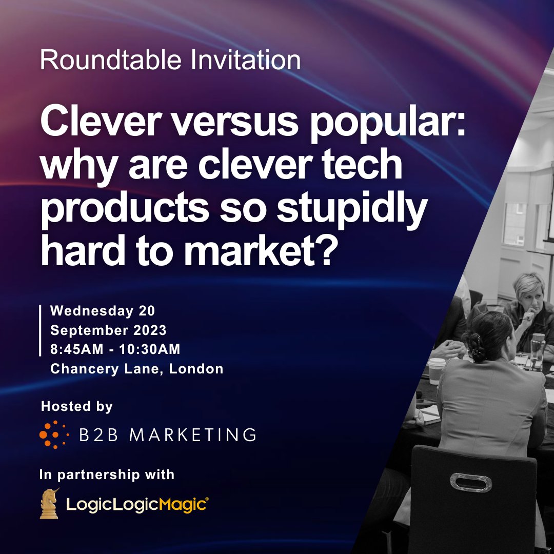 B2B Marketing invite you to this free in-person #roundtable, where you’ll have the opportunity to discuss your #tech product marketing challenges, ideas around how to build a more popular brand, and learn from your fellow tech #marketing peers: okt.to/5ugPv2