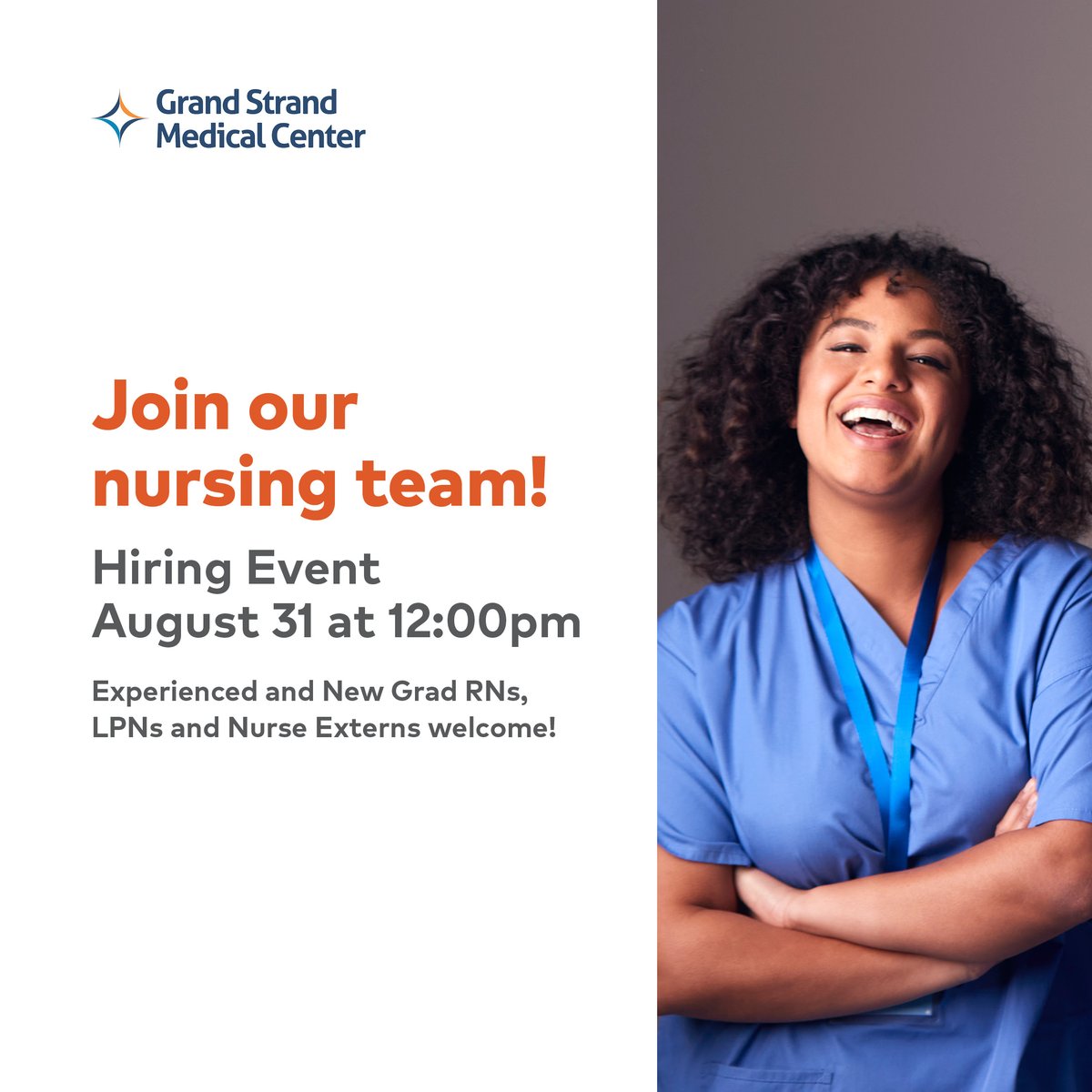 Land your dream career with us at Grand Strand Medical Center! We invite experienced RNs, New Grad RNs, Nurse Externs and LPNs to join us for our hiring event on August 31 from 12 - 4 pm. RSVP today! careerevents.hcahealthcare.com/59c81153