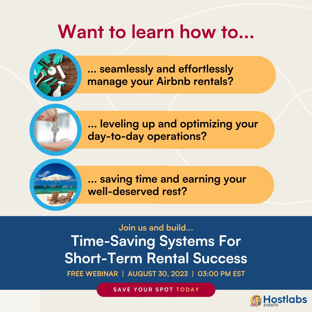 hostlabsco's tweet photo. Feeling like there’s something to improve?

Let’s help you make those awesome changes with our upcoming Time-Saving Systems for Short-Term Rental Success webinar!

Save your slot for August 30, 2023 and join us: https://t.co/iTj3zyArZ7
#hostlabsco #shorttermrentals #airbnbhost https://t.co/49W2x7CyRw