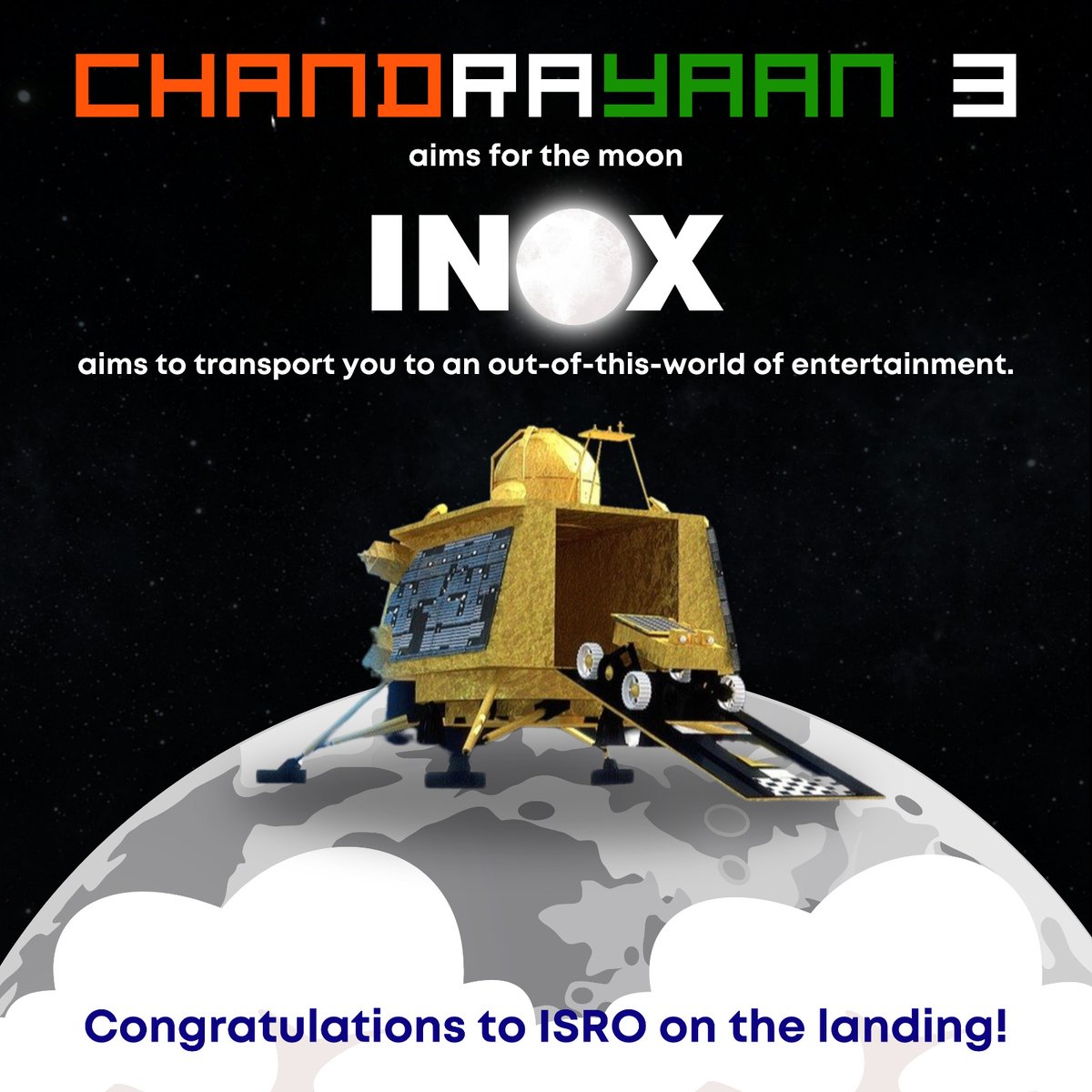 INOXMovies's tweet photo. From Lunar Dreams to Cinematic Realms 🌕🚀🎥

Chandrayaan 3 reaches for the moon, while INOX launches you into an otherworldly entertainment experience. 🌌🎬

Hats off to ISRO on the successful landing! 🎉🌠

#INOX #Chandrayaan3 #OutOfThisWorldEntertainment #ISRO #ProudlyIndian #JaiHind #MissionSuccessful #SoftLanding #proudmoment