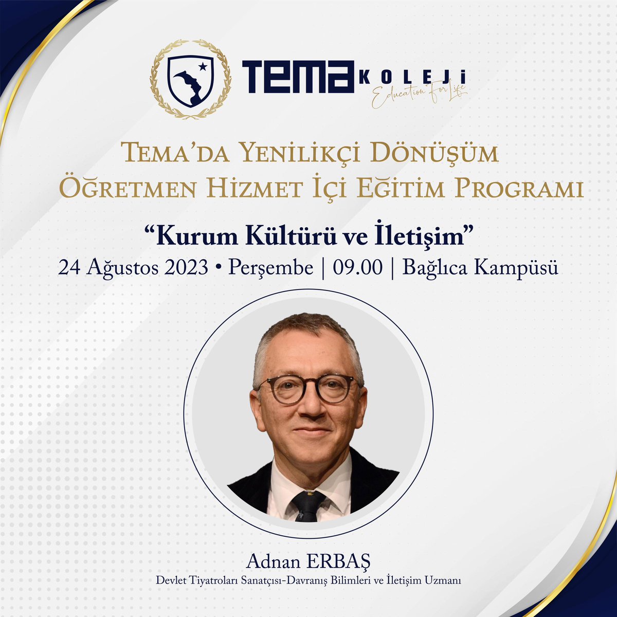 TemaKoleji's tweet photo. Tema’da Yenilikçi Dönüşüm Öğretmen Hizmet İçi Eğitim Programımızda Devlet Tiyatroları Sanatçısı &amp; Davranış Bilimi ve İletişim Uzmanı Sayın Adnan Erbaş öğretmenlerimiz ile buluşuyor. https://t.co/E9q5PlBZw0