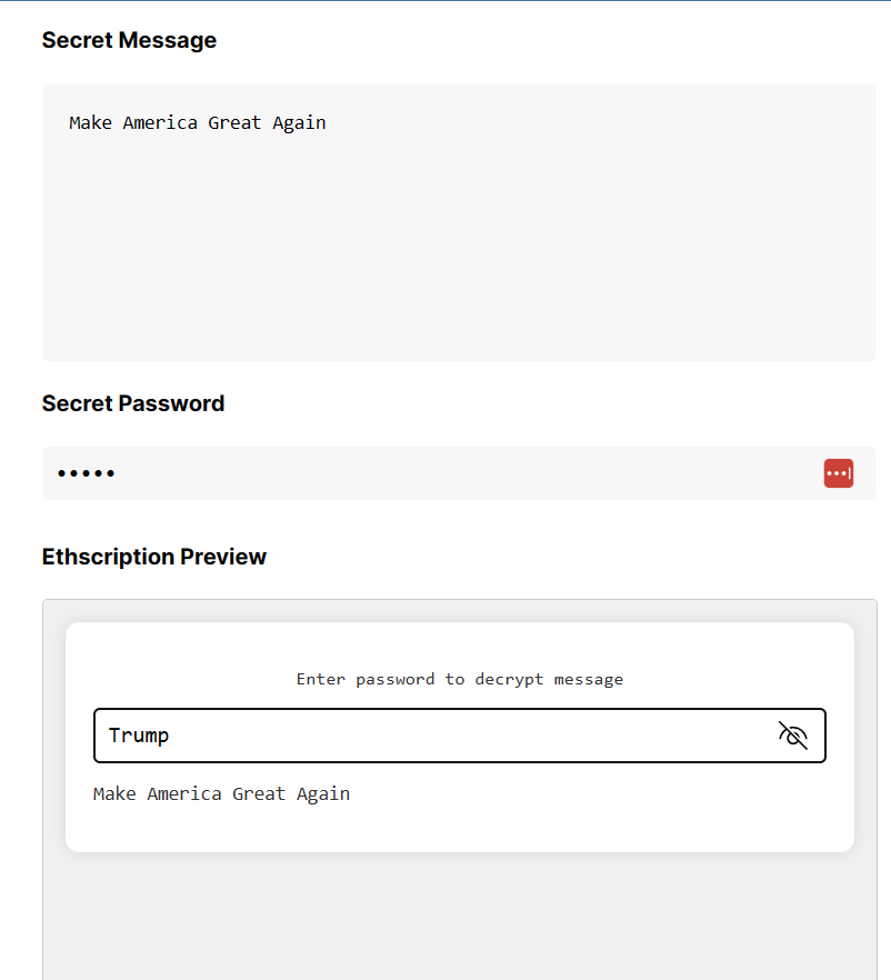 Crypto_Domainer's tweet image. You can now send encrypted #Ethscriptions

My first encrypted #ethscription with password for you all to enjoy. Although secret, it's really no secret

Transaction Hash: 0x777e587ddc67160f935c6ce4457be0218fa3c538d214663f6a095f5b10d65f4c

#encrypt #privacy #Security #Election2024