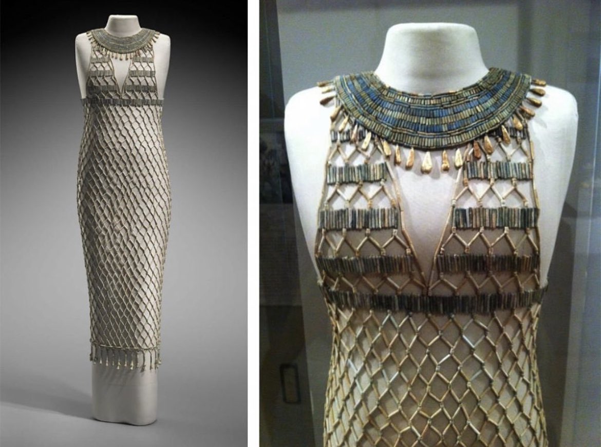 A 4,500-year-old Egyptian dress was painstakingly reassembled from approximately 7,000 beads found in an undisturbed tomb in Giza, Egypt. The dress is thought to have belonged to a female contemporary of King Khufu (2589-2566 BC). While the original strings had disintegrated over