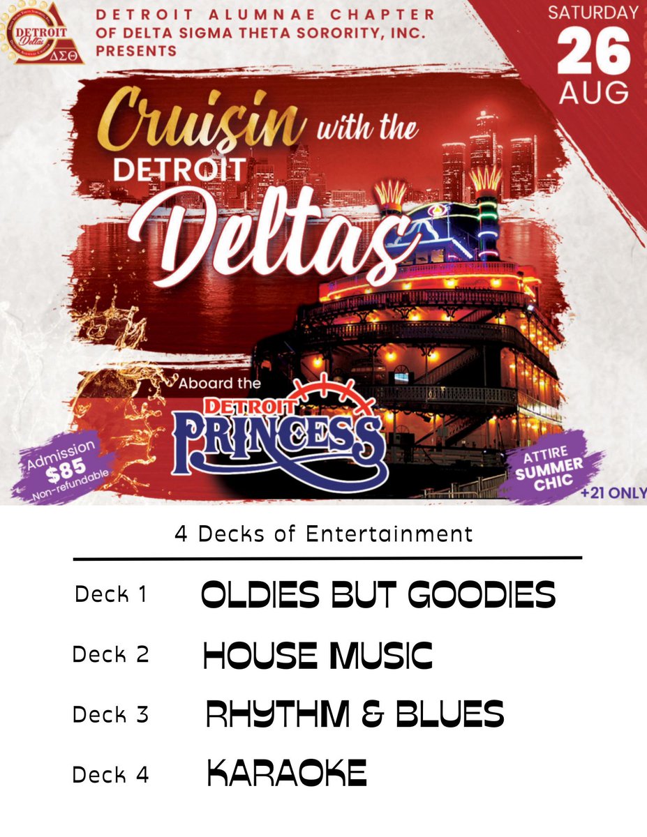 DetroitDeltas's tweet photo. 4 DECKS!!! "Ain't no party like a Detroit party!!!" Last ticket sale is TODAY 6-8PM at Detroit Delta HQ, 24760 W Seven Mile Rd, Detroit, MI 48240, corner of W. 7 mile and Grand River. SECURE YOUR TIX!!! #DeltaBoatRide #DetroitPrincess #ThisweekendinDetroit #DetroitNPHC https://t.co/LV4AcD4ZQv