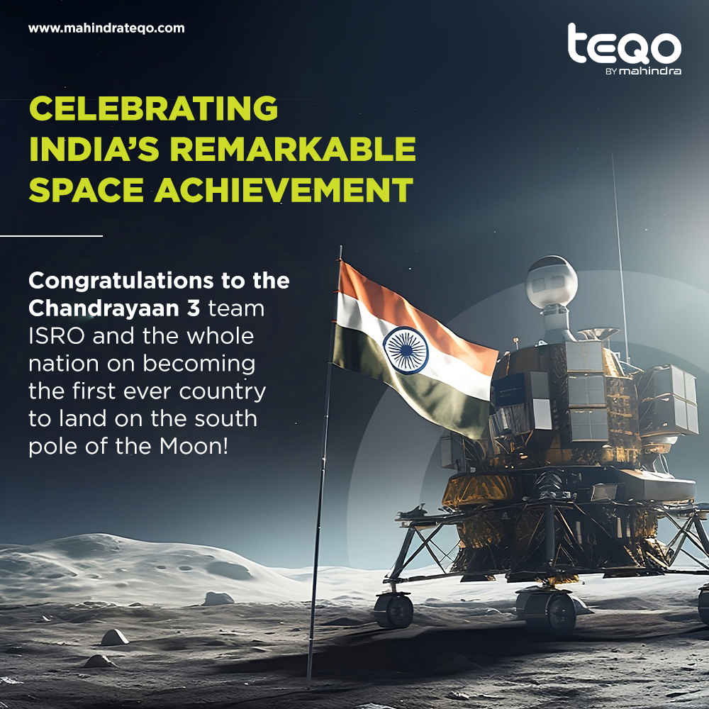 mahindrateqo's tweet photo. Saluting ISRO's Remarkable Feat! Congratulations to the brilliant minds at ISRO for the triumphant landing of Chandrayaan 3 on the moon's south pole.
#ISRO #Chandrayaan3 #InnovationUnleashed #ExploringFrontiers #MahindraTeqo https://t.co/UIPtqzTQzZ