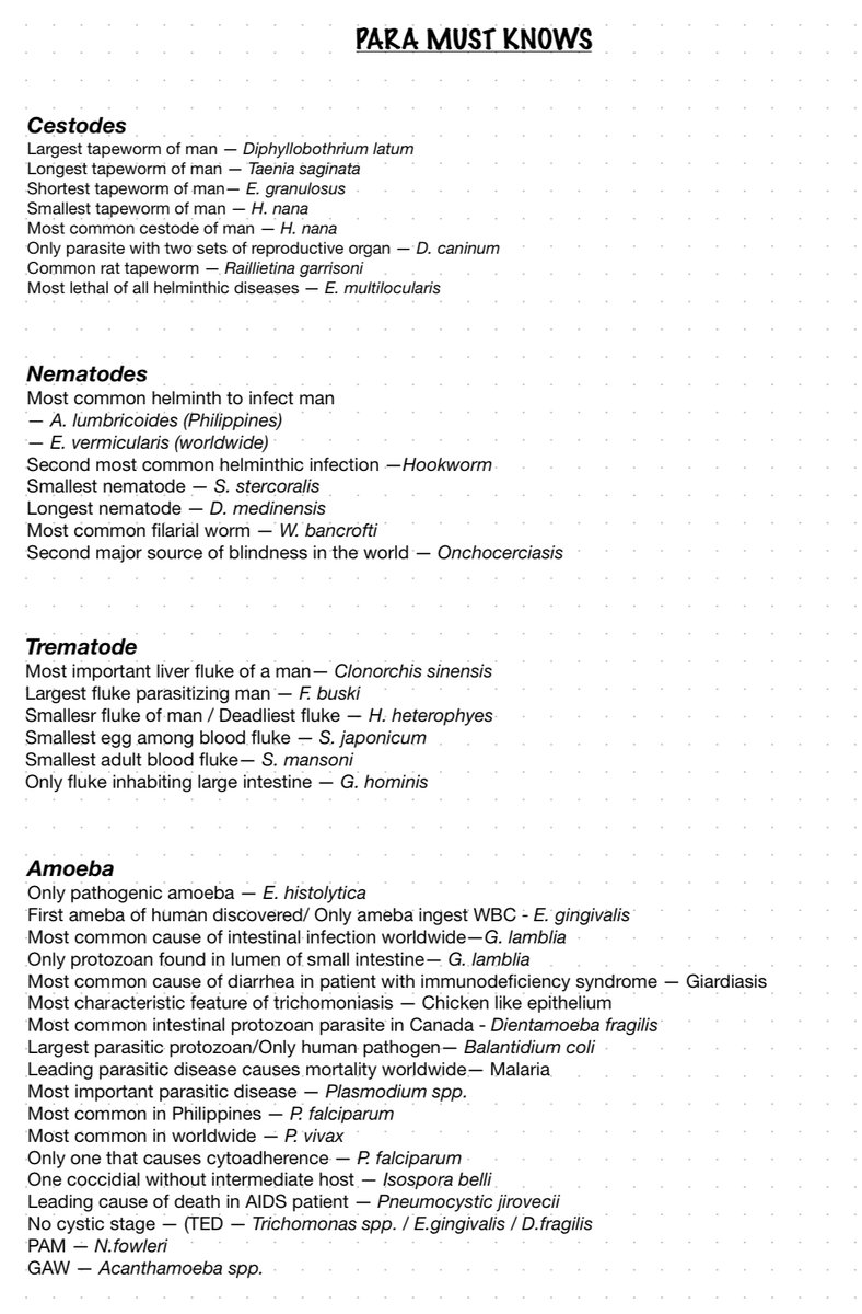 greenstudytea's tweet image. never ever skip the parasitology must knows esp those smallest, largest, longest, shortest, etc. this helped me a lot during mockboards 

♡ / ↻ to be moots !!  

[ #medtech￼ #studytwtph #studytwt #lifetwt ]