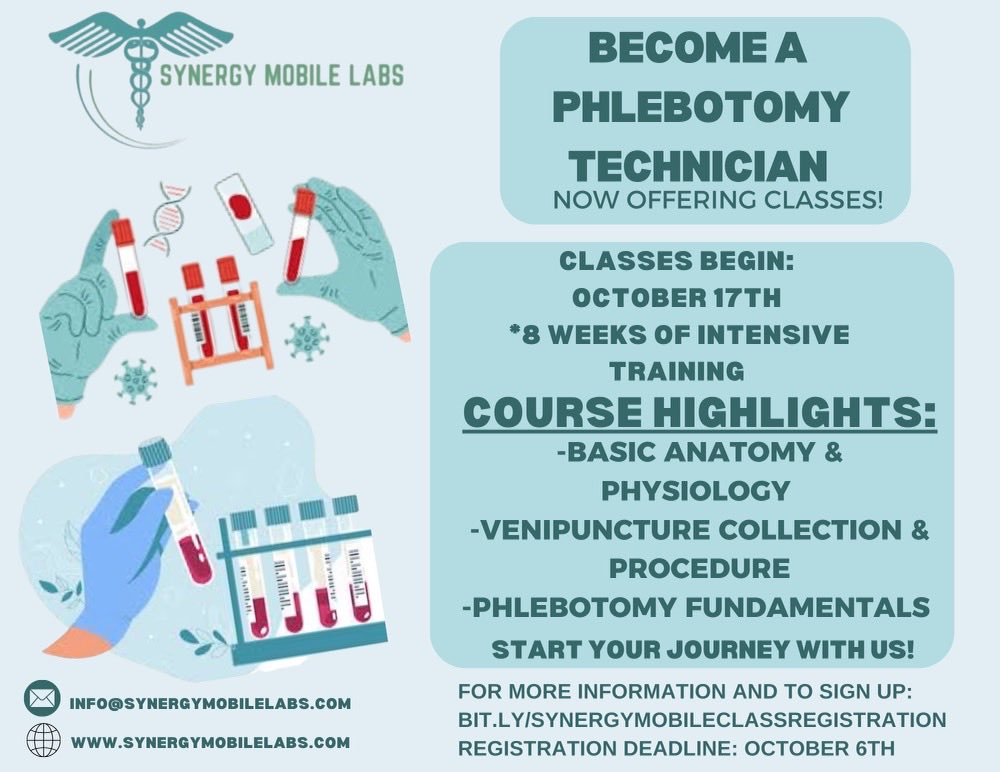 Tracey64666258's tweet photo. Good morning.  I received a lot of inquiries about our upcoming phlebotomy classes.  

Please see the flyer below. 

If you have further questions please contact me at info@synergymobilelabs.com or 240-500-9828. 

We are also offering mobile classes for a group of six or more. https://t.co/HmCOmLXnmU