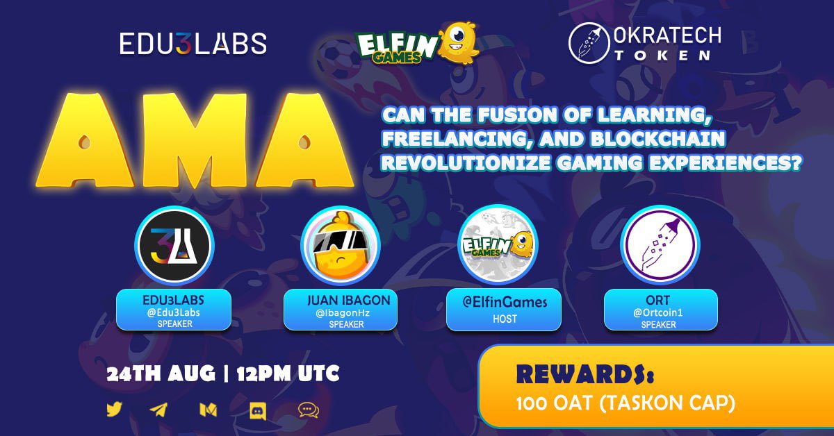 AMA ALERT 🎙️

We're thrilled to announce an upcoming #AMA session with <a href="/Ortcoin1/">Okratech Token (ORT)</a> and <a href="/Edu3Labs/">Edu3Labs</a>!

Join @IbagonHz for a discussion on "The Fusion of Learning, Freelancing, and Blockchain to Revolutionise the Gaming Experiences"

🗓 August 24th 
⏰ 12 pm UTC
📍