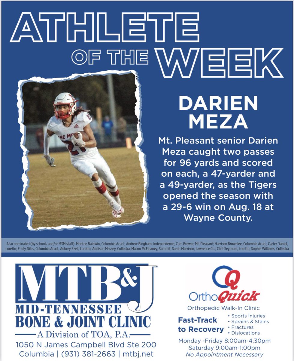 Mt. Pleasant senior Darien Meza is the Main Street Maury Mid-Tennessee Bone & Joint Athlete of the Week for Aug. 14-20 … @mphs_tigerFB @MPHSGoTigers @DarienMeza_21 @TFCAFootball @MainStreetMaury @MS_SportsToday @MainStreetPreps