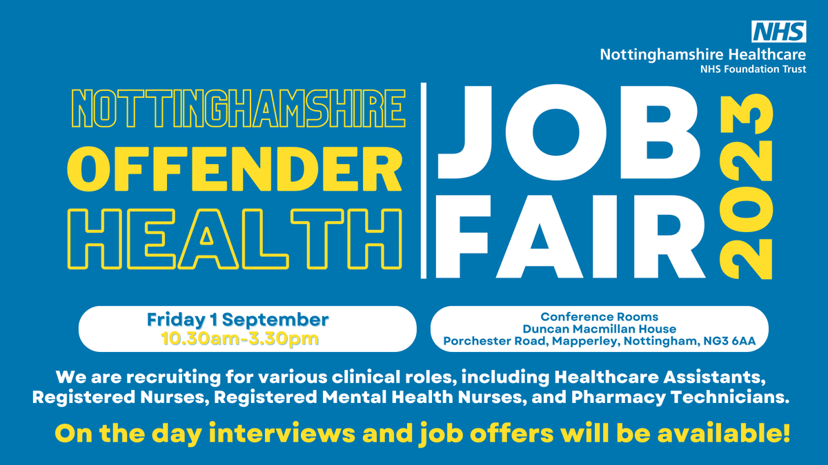 NottsHealthcare's tweet photo. Ever thought about working in prison healthcare?

Nottinghamshire Healthcare is one of the largest and most successful providers of prison healthcare in the UK. 

Walk-in interviews and job offers for certain roles will be available on the day! https://t.co/YqNCbE5UsA