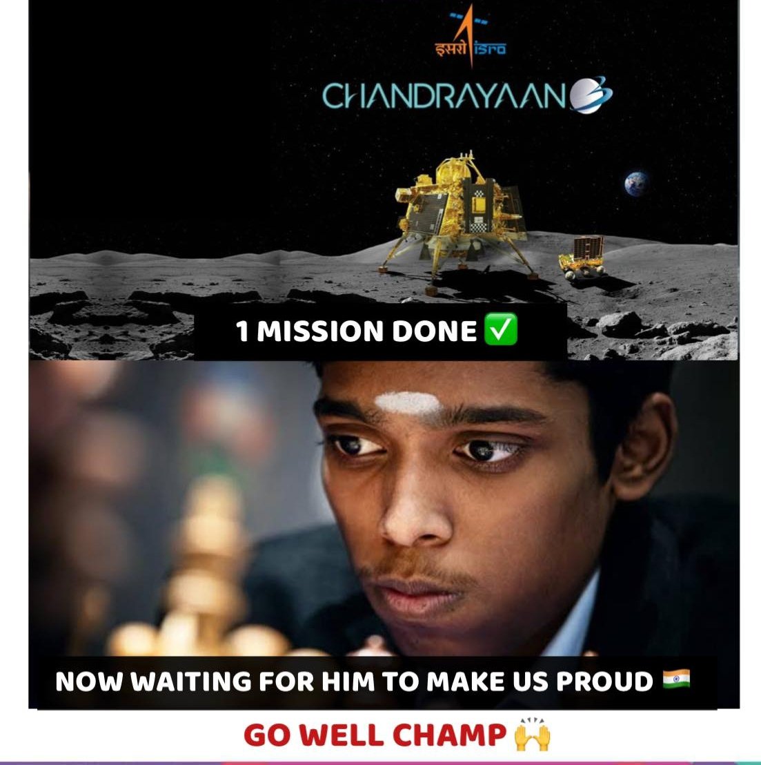 Madan4377's tweet photo. 𝙂𝙤 𝙬𝙚𝙡𝙡 𝙘𝙝𝙖𝙢𝙥🔥🔥 #Chandrayaan3 #Chandrayaan3Landing #IndiaOnTheMoon #praggnanandha #PragyanRover #PragVsCarlsen #ISRO #FIDEWorldCupFinal #ChessWorldCup https://t.co/mMw5jbnHH0