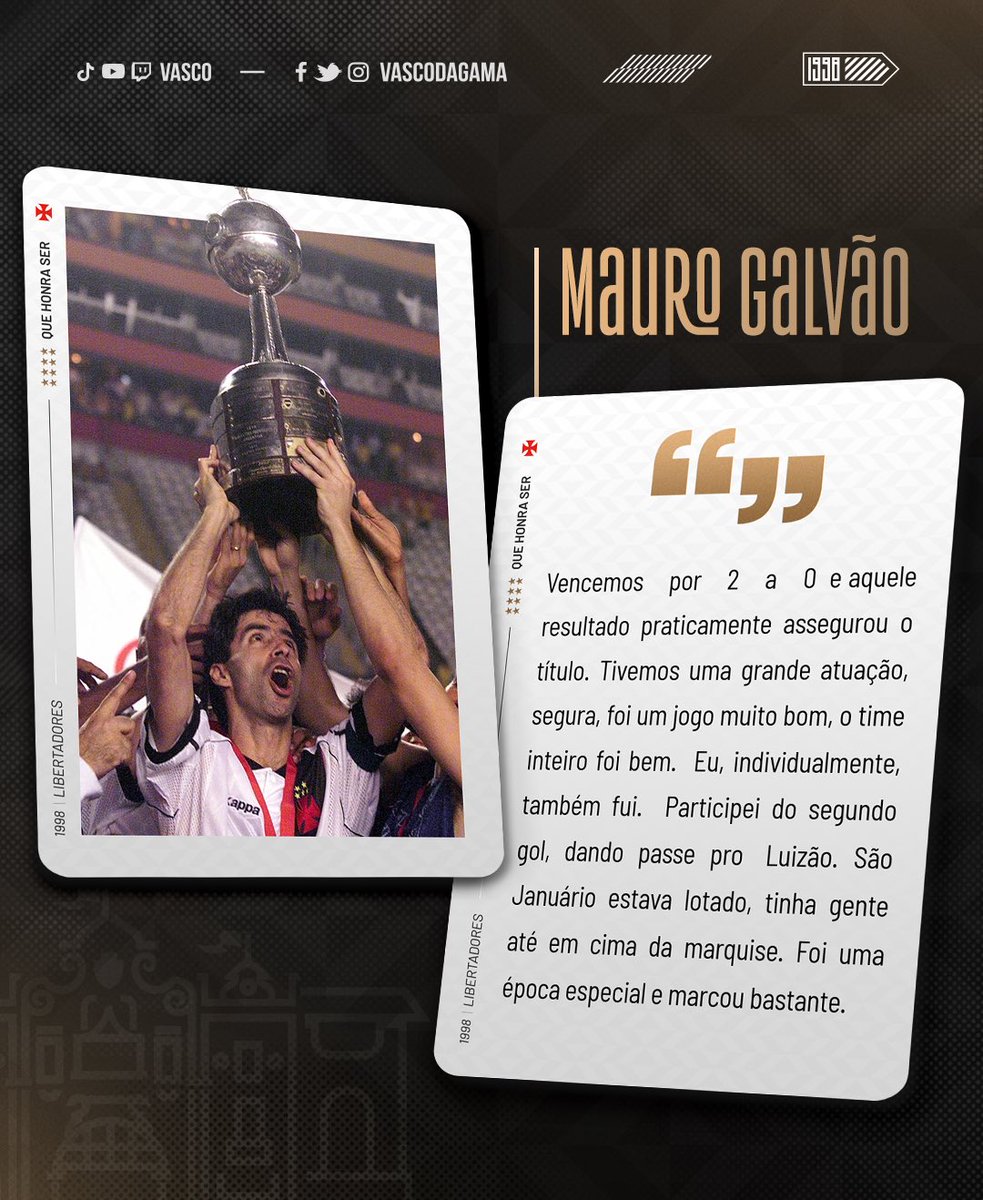 VascodaGama's tweet photo. Dando continuidade à nossa série sobre os 25 anos da conquista da Libertadores de 1998, iniciada no dia 22 de julho com a lembrança do Gol Monumental, hoje temos o segundo episódio. 

Nesta quarta-feira (23), no site do Vasco, tem uma entrevista especial com o ex-zagueiro Mauro Galvão. Ele, que foi capitão e uma das peças mais importantes do título, relembra a caminhada do Gigante da Colina na competição com momentos marcantes. 

👉 Confira a matéria completa em https://t.co/5qBGggKUVZ 

#VascoDaGama #Libertadores25Anos