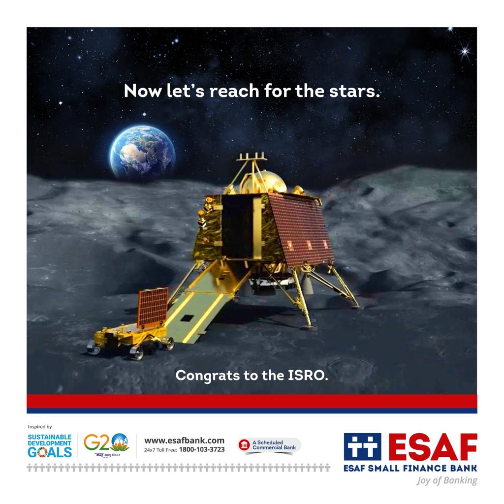 ESAFBank's tweet photo. Congratulations to the ISRO team for the successful soft landing of Chandrayaan 3. This success is a joyful testimony to the nation's discovery of new prospects of innovation. May this build a better synergy with the universe as a whole.

#Chandrayaan3  #ESAFBank #JoyOfBanking https://t.co/IlnGqK0TfM