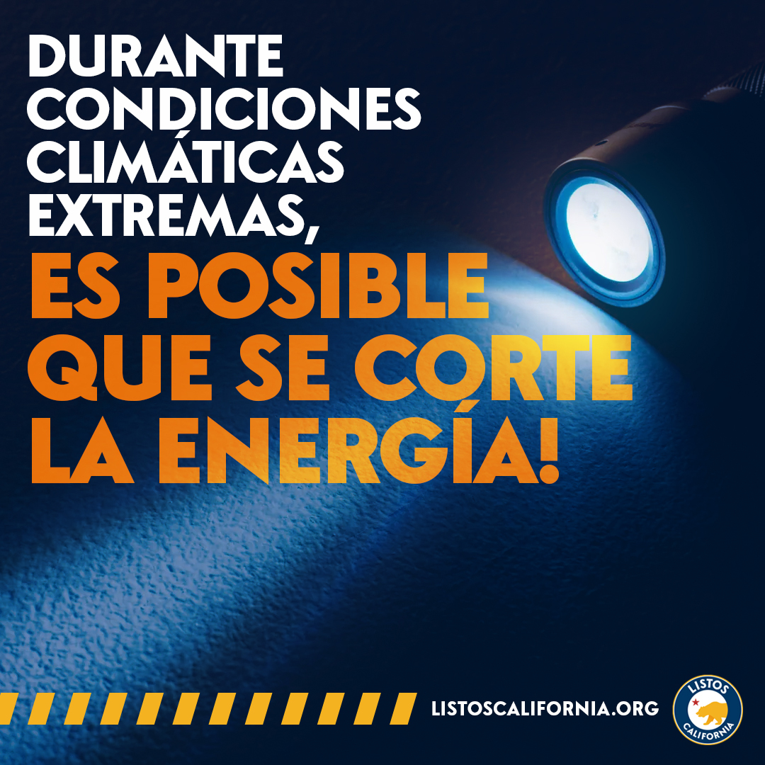 ListosCA's tweet image. Si hay un corte de energía, prepárese cargando dispositivos portátiles como su teléfono celular.

Visite listoscalifornia.org

#ListosCalifornia