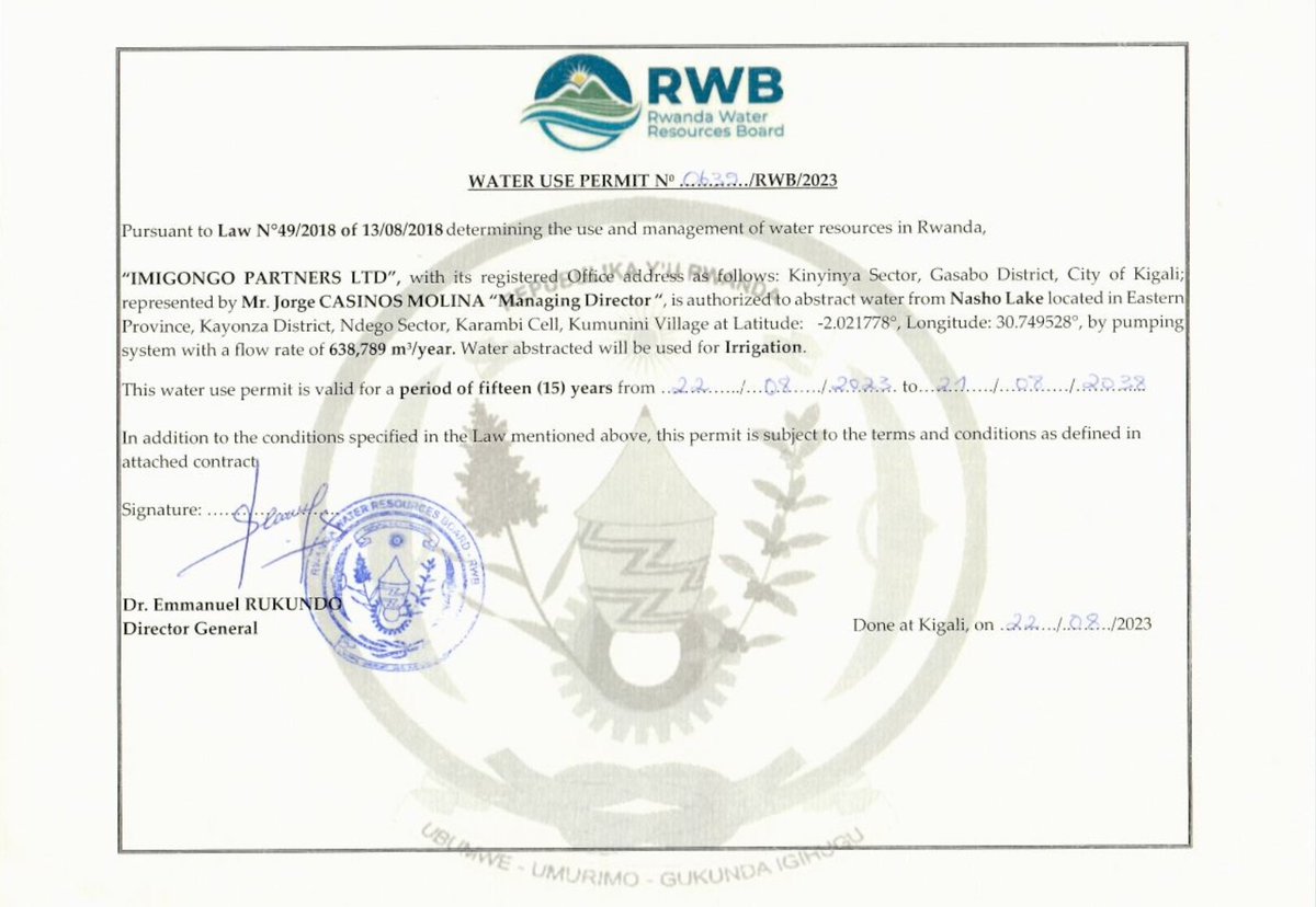 ImigongoFarms's tweet photo. Exciting news! Just secured our Water Permit for the 🥭🥑 plantation at #LakeNasho.
Huge thanks to @RwandaWater for their hard work in managing this vital resource and to @RDBrwanda . Your dedication is truly appreciated! 💧🌱
#WaterPermit #RwandaWorks #Rwanda 🇷🇼#ImigongoFarms https://t.co/aackW0GRut
