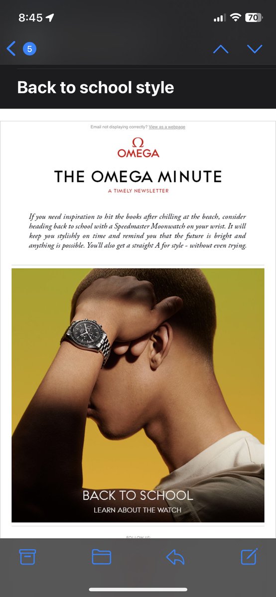 spanojake's tweet photo. 1/2 @omegawatches love your product and have passed my Seamaster 300M Professional down to my son who’s in college now however it’s hard for me to express how tone deaf this marketing email is. https://t.co/IdXNwPCsiv