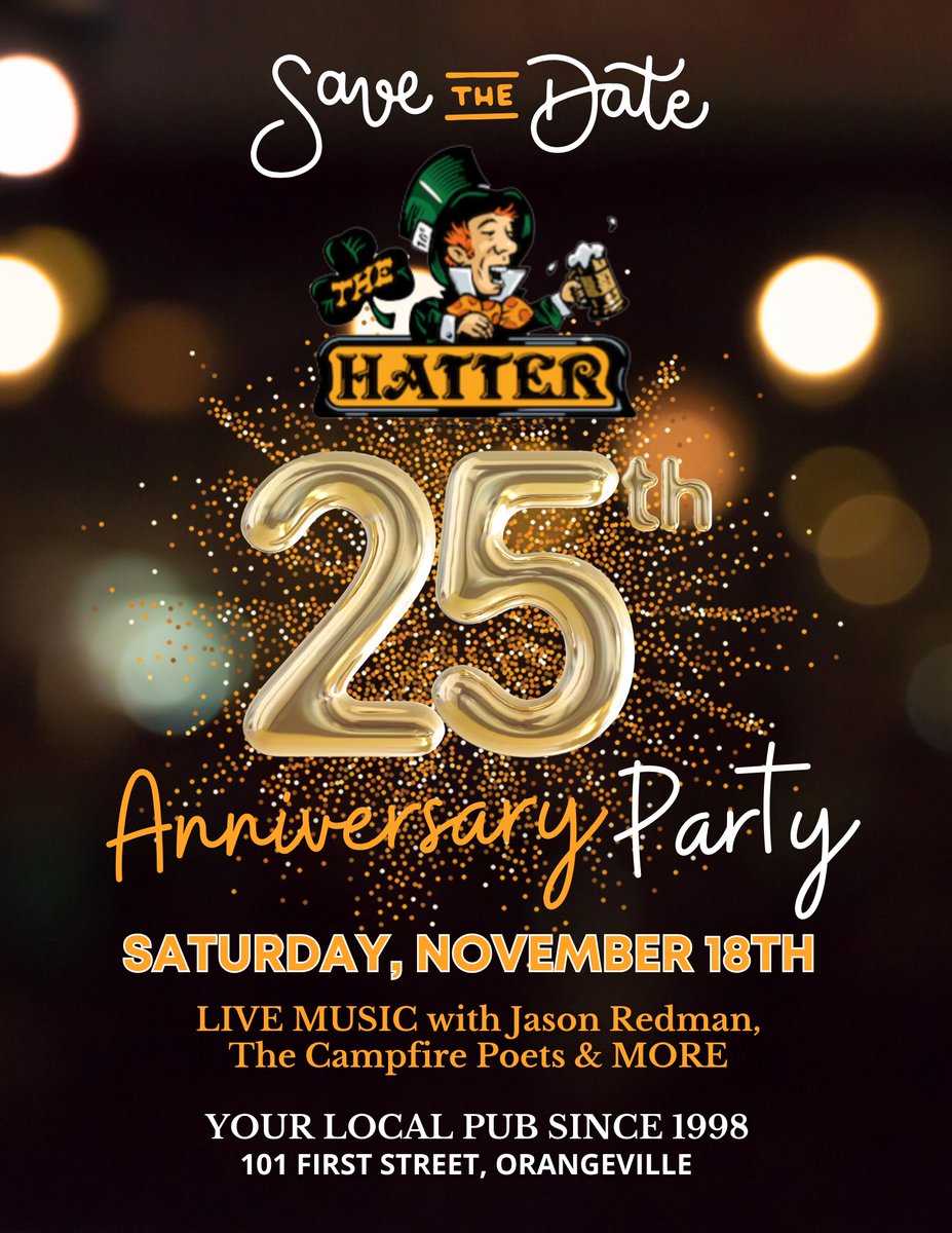 📷SAVE THE DATE - Saturday November 18th we will be celebrating our 25th anniversary. 📷

Live music with with Jason Redman, The Campfire Poets & MORE.

#anniversarycelebration #25yearsinbusiness #savethedate #TheHatterPub #GastroPub #Orangeville #GoodFood #CraftBeer