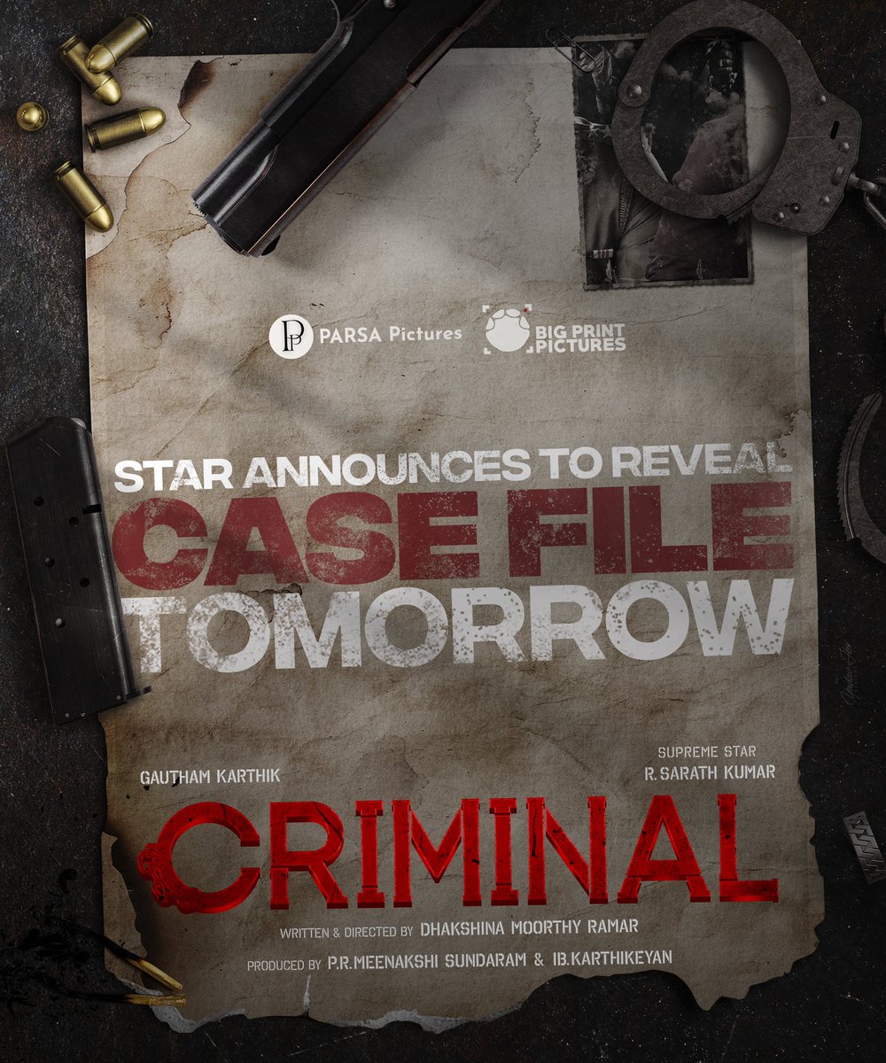 Deepthie Orintelu (@thedeepthie) on Twitter photo #Criminal Case file's first page to be Disclosed by the multifaceted star tomorrow!
<a href="/Gautham_Karthik/">Gautham Ram Karthik</a> <a href="/realsarathkumar/">R Sarath Kumar</a> <a href="/plthenappan/">P L Thenappan</a> <a href="/SamCSmusic/">๐๐๐ ๐ ๐</a>
Dir <a href="/Dhaksina_MRamar/">DHAKSHINAMOORTHY RAMAR</a> <a href="/prasannadop/">Prasanna s kumar</a>
<a href="/eforeditor/">J.v.Manikanda Balaji</a>
Prod by @parsapictures & <a href="/BigPrintoffl/">Bigprint Pictures</a>
<a href="/DoneChannel1/">Done Channel</a> <a href="/shiyamjack/">Shiyam Jack</a> #Criminal Case file's first page to be Disclosed by the multifaceted star tomorrow!
<a href="/Gautham_Karthik/">Gautham Ram Karthik</a> <a href="/realsarathkumar/">R Sarath Kumar</a> <a href="/plthenappan/">P L Thenappan</a> <a href="/SamCSmusic/">๐๐๐ ๐ ๐</a>
Dir <a href="/Dhaksina_MRamar/">DHAKSHINAMOORTHY RAMAR</a> <a href="/prasannadop/">Prasanna s kumar</a>
<a href="/eforeditor/">J.v.Manikanda Balaji</a>
Prod by @parsapictures & <a href="/BigPrintoffl/">Bigprint Pictures</a>
<a href="/DoneChannel1/">Done Channel</a> <a href="/shiyamjack/">Shiyam Jack</a>