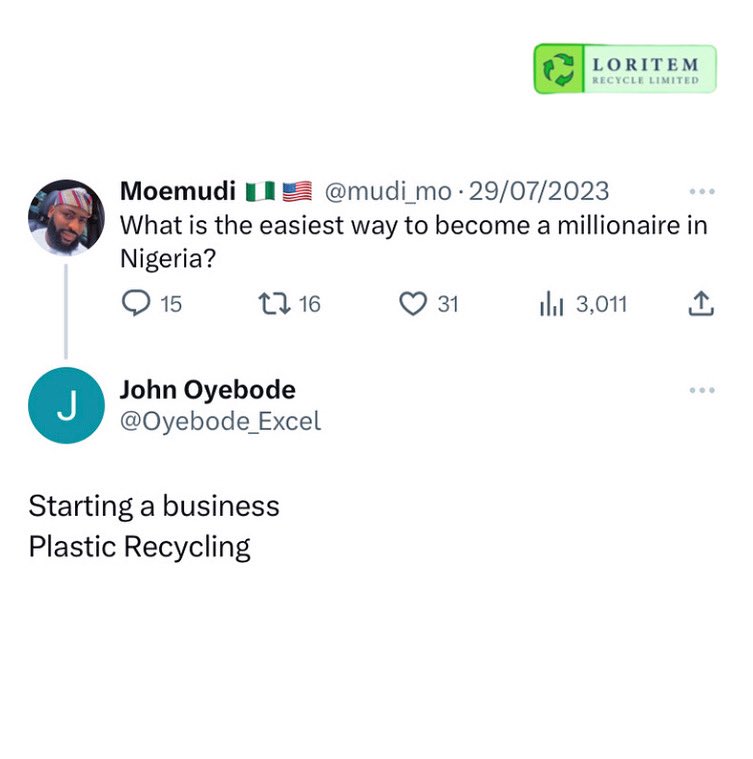 Starting a plastic bottle recycling business in Nigeria requires the right know-how to ensure every Naira goes towards the right purpose.

We have spent years in this industry while working with partners from all over the world. 

#recyclingcompany