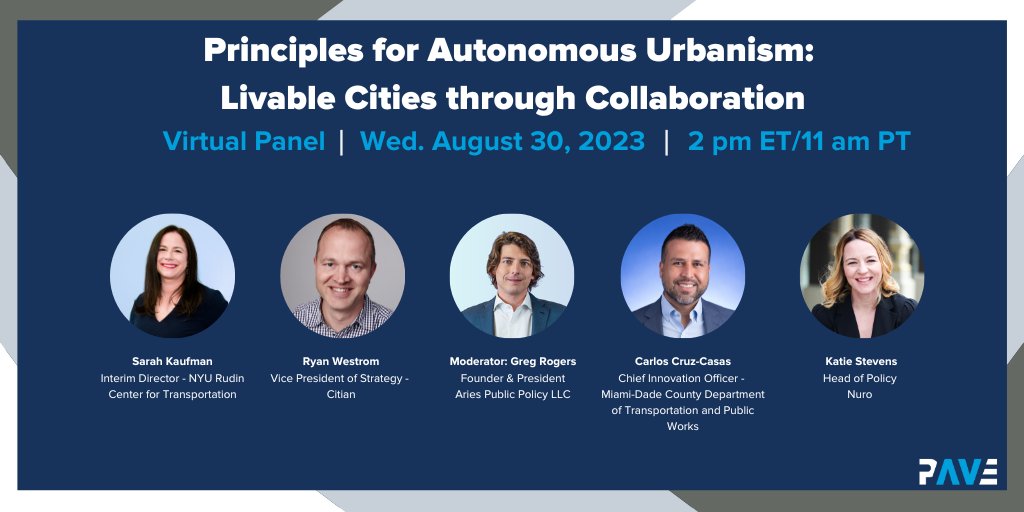 How do we integrate AVs into cities in a way that improves livability? Join our #PAVEpanel on Aug 30 for an insightful discussion of a new @NYURudin report on AVs and urbanism. @MoveGreg @sarstar @nuro @KatStevns @MiamiDadeCounty Register here: pavecampaign.org/event/pave-vir…