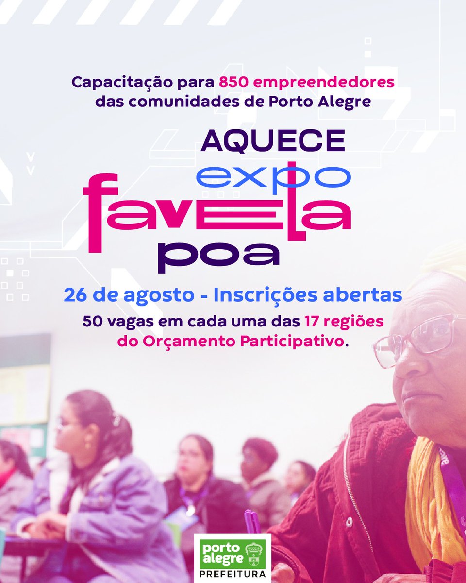 Prefeitura_POA's tweet photo. Já garantiu sua vaga no Aquece Expo Favela?🚀🚀
O #Aquece vai capacitar, simultaneamente, 850 empreendedores, divididos entre as 17 regiões do Orçamento Participativo de Porto Alegre.
📍Escolha o endereço mais perto da sua casa e inscreva-se aqui ⬇️
https://t.co/dS4zKKgj2R https://t.co/eYjJFtnRh5