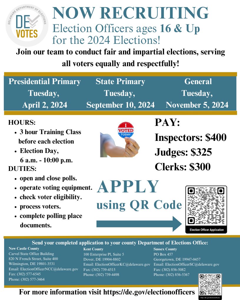 Today is National Poll Worker Recruitment Day! The Delaware Department of Elections is NOW RECRUITING Election Officers ages 16 &amp; Up to work the 2024 Elections! Apply Today! More information at elections.delaware.gov/pubs/pdfs/elec… and de.gov/electionoffice…