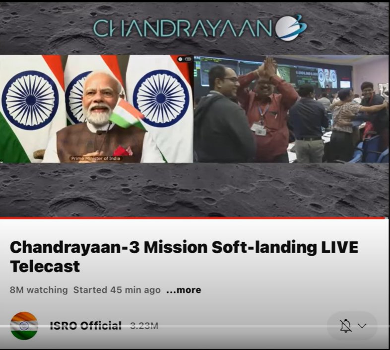 RECORD ALERT ⚠️: 8M watched india's 🇮🇳 Chandrayaan 3 landing on the moon's surface on ISRO's YouTube channel. This is record live viewership on any YouTube channel stream, breaking the 6.1M record of Brazil Vs Croatia match. Follow US @itswpceo for more interesting &…