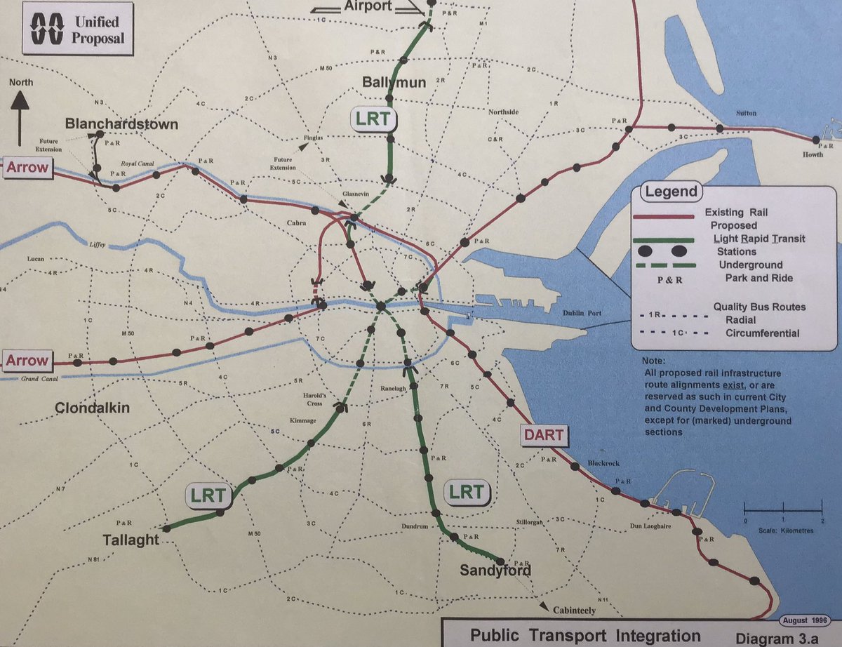 metrodublin's tweet photo. @baz19741 @EamonRyan @MetroForDublin We're not just dreaming; we've got the maps &amp; engineering blueprints! Our 1996 map reveals how Metro D. could mesh with a QBC network. Back then, both Tallaght &amp; Sandyford were QBC reservations. Fun fact: The Tallaght route is 72% of the Red Luas line but serves 30% more people! https://t.co/VZEVSWApyd