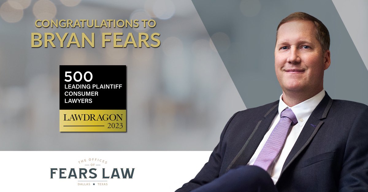 FearsLaw's tweet photo. Congrats to Bryan Fears for his inclusion among #Lawdragon’s 500 Leading Plaintiff Consumer Lawyers. These attorneys are helping those hurt in accidents, by defective products, and dangerous drugs. Thank you to those who have placed their trust in Bryan and everyone at Fears Law. https://t.co/eDgwDLwm1V